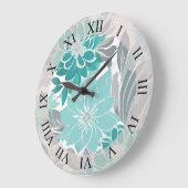 Grande Horloge Ronde Motif Floral, Aqua, Turquoise, Turquoise et Gris (Angle)