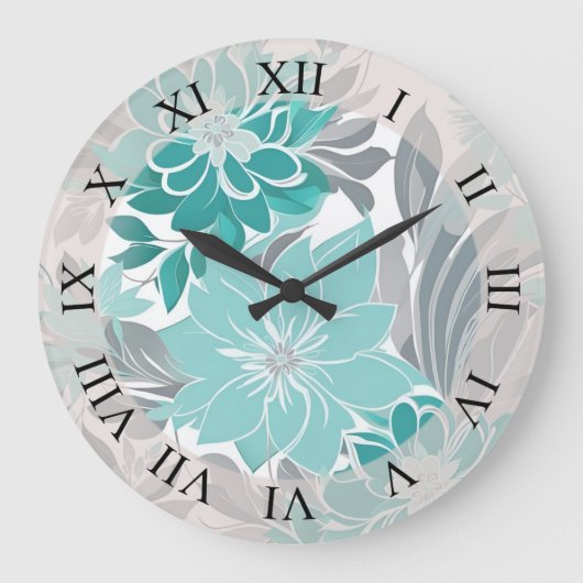 Grande Horloge Ronde Motif Floral, Aqua, Turquoise, Turquoise et Gris (Recto)