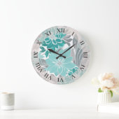 Grande Horloge Ronde Motif Floral, Aqua, Turquoise, Turquoise et Gris (Maison)