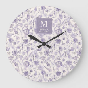 Grande Horloge Ronde Motif floral aquarelle lavande violet fleurs
