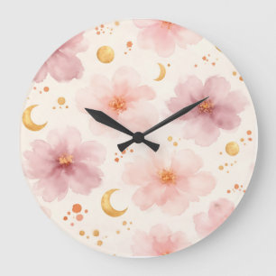 Grande Horloge Ronde Motif floral aquarelle rose élégant