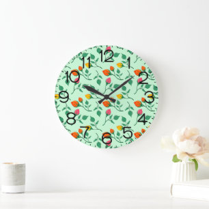 Grande Horloge Ronde Motif floral avec fleurs roses colorées