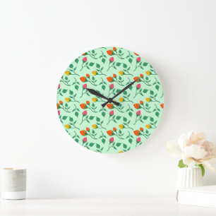 Grande Horloge Ronde Motif floral avec fleurs roses colorées