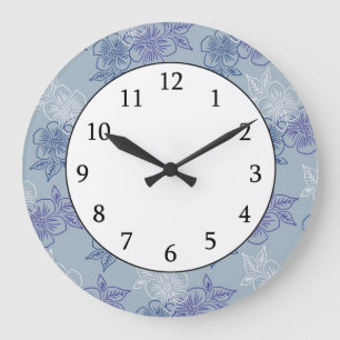 Grande Horloge Ronde Motif floral bleu pourpre blanc Girly élégant