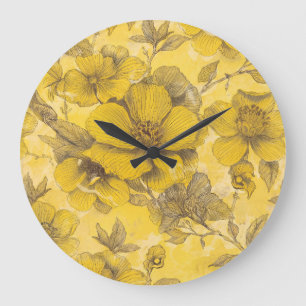 Grande Horloge Ronde Motif floral botanique jaune vintage