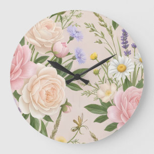 Grande Horloge Ronde Motif floral de jardin de roses aux teintes romant