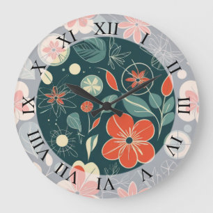 Grande Horloge Ronde Motif floral rétro Botanica moderne du milieu du