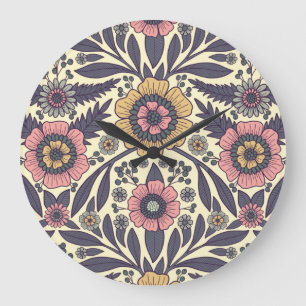Grande Horloge Ronde Motif Floral rose et bleu sans joint