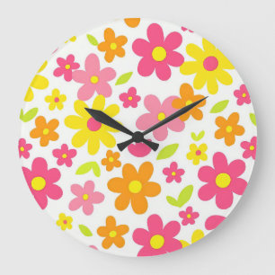 Grande Horloge Ronde Motif floral rose et jaune rétro d'été lumineux