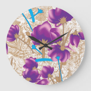 Grande Horloge Ronde Motif floral vif avec violet et bleu f