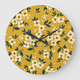 Grande Horloge Ronde motif floral vintage, petites fleurs blanches.