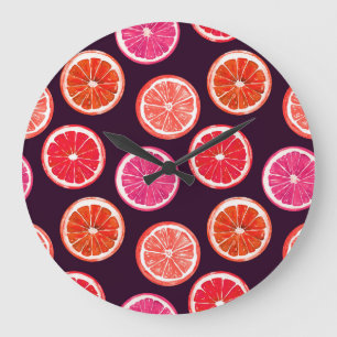 Grande Horloge Ronde Motif foncé Citrus peint à la main