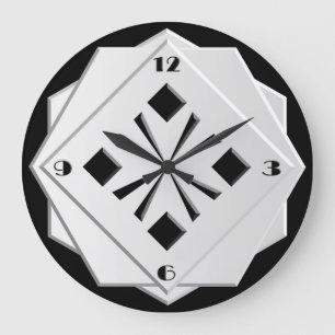 Grande Horloge Ronde Motif géométrique Art Déco noir et blanc