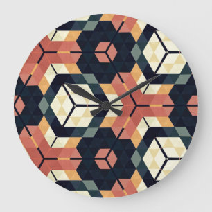 Grande Horloge Ronde Motif géométrique Carré Hexagon coloré