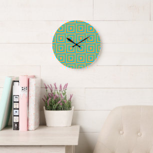 Grande Horloge Ronde Motif géométrique carré rétro – Orange gras 