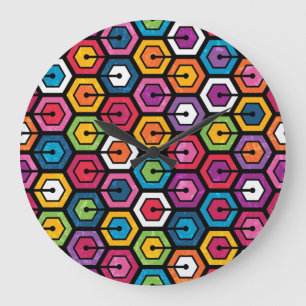 Grande Horloge Ronde Motif géométrique coloré avec hexagones