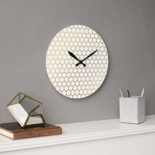 Grande Horloge Ronde Motif géométrique Hexagon blanc et or