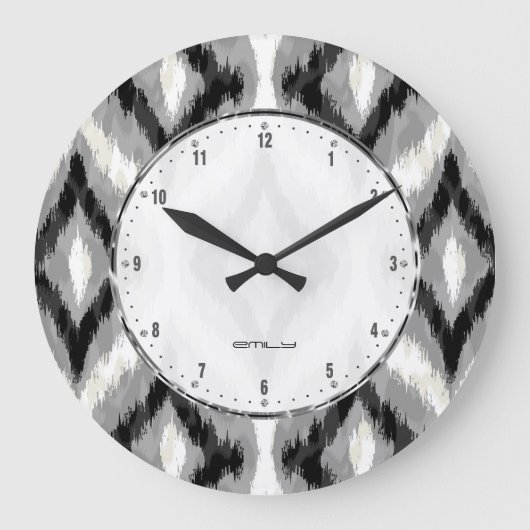 Grande Horloge Ronde Motif Géométrique Noir Blanc Et Gris Ikat (Recto)