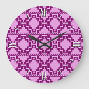 Grande Horloge Ronde Motif Ikat Aztec - Améthyste violet et