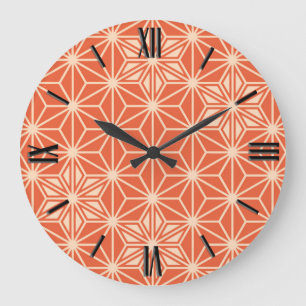 Grande Horloge Ronde Motif japonais Asanoha - corail orange