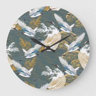 Grande Horloge Ronde Motif japonais Vintage Crane Birds