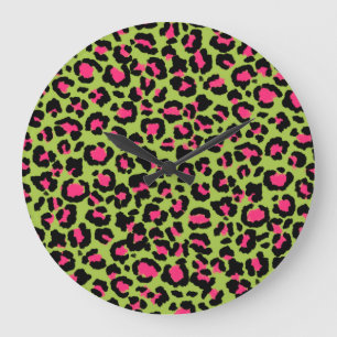 Grande Horloge Ronde Motif léopard en framboise sur Lime Green