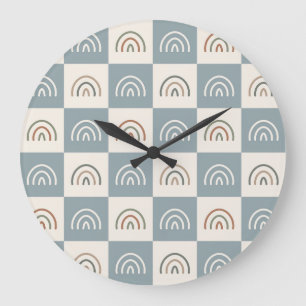 Grande Horloge Ronde Motif minimaliste arc-en-ciel à carreaux bohème