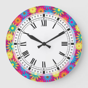 Grande Horloge Ronde motif moderne floral coloré de flower power des