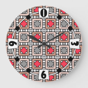 Grande Horloge Ronde motif moderne géométrique art déco gris rouge, bei