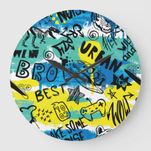 Grande Horloge Ronde Motif Monster Hand Drawn Kids