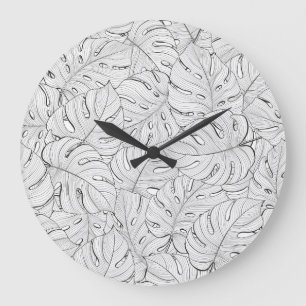 Grande Horloge Ronde Motif noir blanc Feuille Monstera