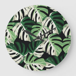 Grande Horloge Ronde Motif noir extérieur de feuille Monstera