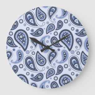 Grande Horloge Ronde Motif Paisley Bleu