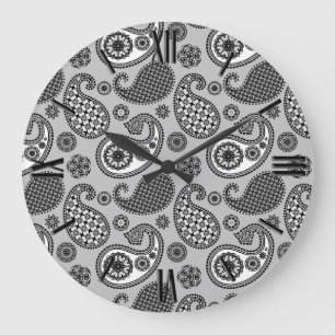 Grande Horloge Ronde Motif Paisley, tons gris, noir et blanc