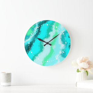 Grande Horloge Ronde Motif peint expressif bleu sarcelle vert