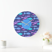 Grande Horloge Ronde Motif plat en boho sans couture avec des poissons  (Maison)