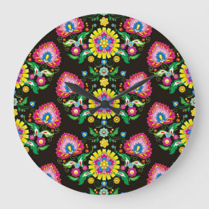 Grande Horloge Ronde Motif populaire fleurie : tuiles rétro colorées