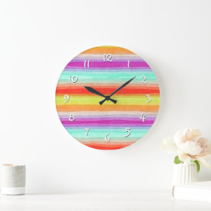 Grande Horloge Ronde Motif rayures aquarelle coloré d'été