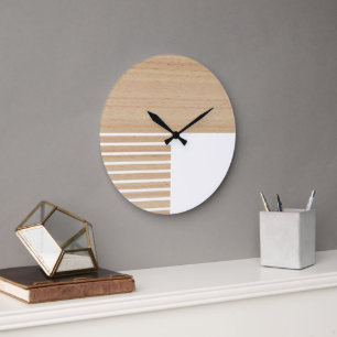 Grande Horloge Ronde Motif rayures de bloc contemporain sur bois faux