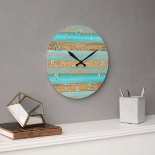 Grande Horloge Ronde Motif rayures paillettes or faux turquoise moderne