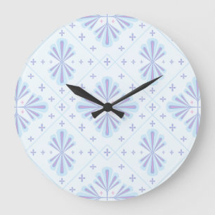 Grande Horloge Ronde Motif répétitif floral géométrique bleu pastel