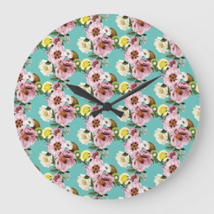 Grande Horloge Ronde Motif romantique de kiwi, citron et pivoine