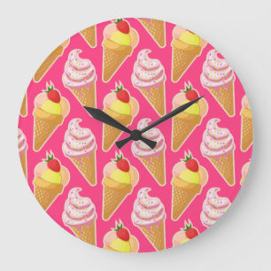 Grande Horloge Ronde Motif rose Kawaii avec crème glacée aux fraises