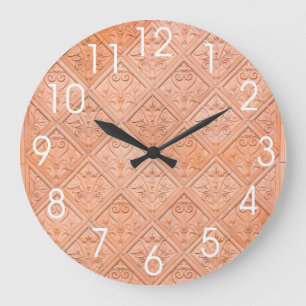 Grande Horloge Ronde Motif rose orange de terre cuite