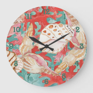 Grande Horloge Ronde Motif rouge de corail de coquillages de turquoise