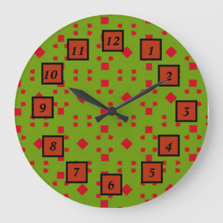 Grande Horloge Ronde Motif rouge vert Abstrait avec bits et Carrés