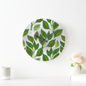 Grande Horloge Ronde Motif sans couture avec Feuilles de thé vert (Maison)