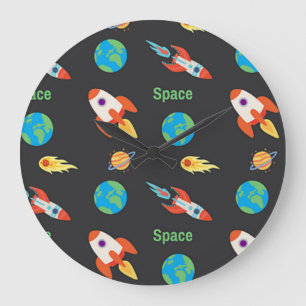 Grande Horloge Ronde Motif spatial en noir