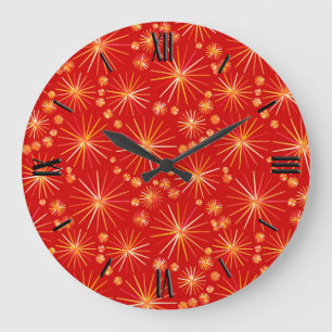 Grande Horloge Ronde Motif Spoutnik du milieu du siècle, Rouge Profond