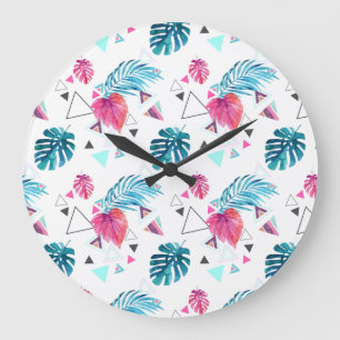 Grande Horloge Ronde Motif triangulaire de feuilles tropicales